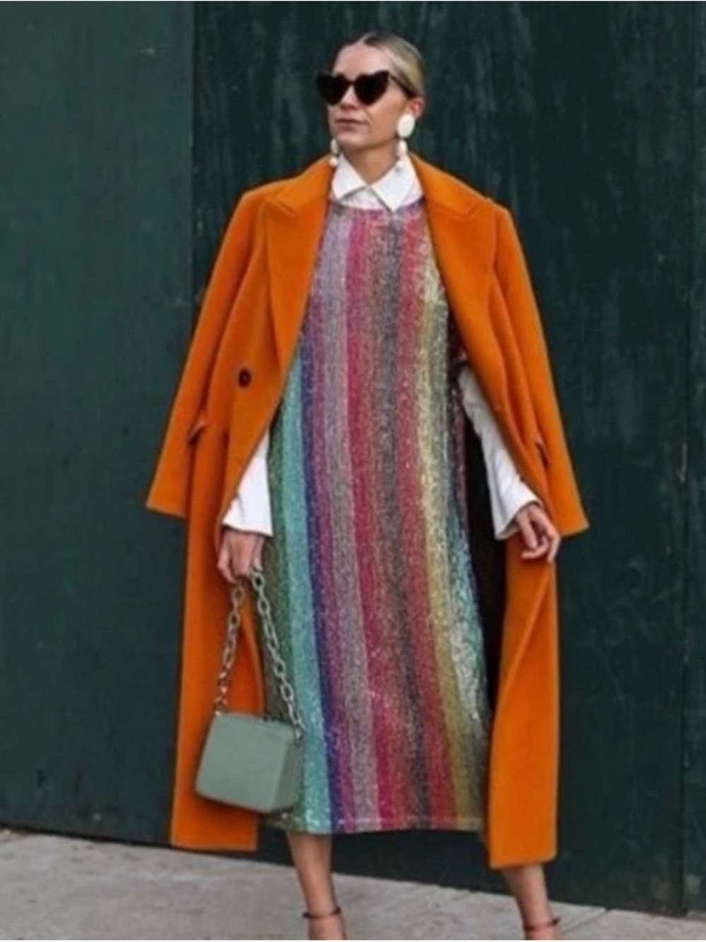 Zara Orange Coat over Multicolor Striped Midi Dress